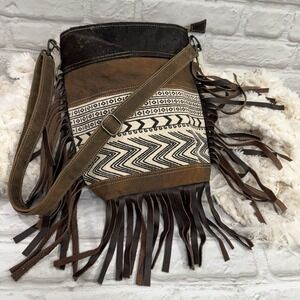 Hopofly Crossbody Purse Aztec Fringe Western Leather & Cowhide Rodeo Cowgirl Bag